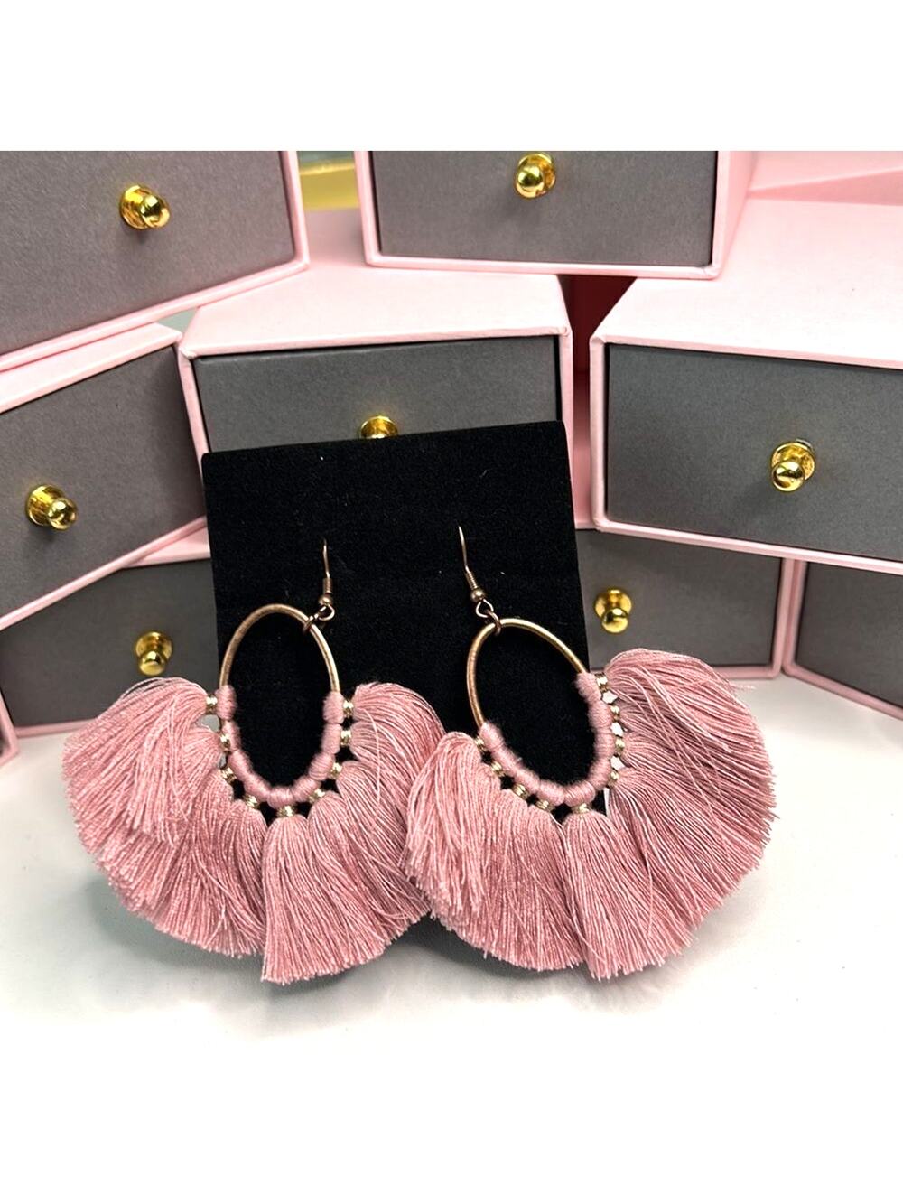 Handmade Blush Pink Tassel Hoop Earrings Boho Statement